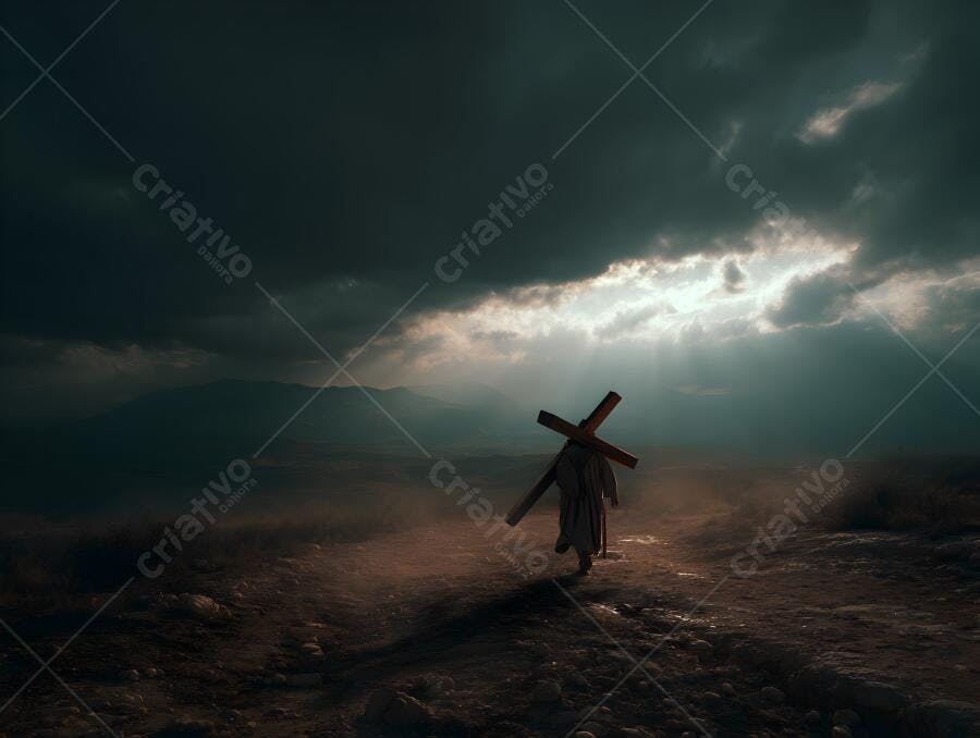 Homem carregando cruz em deserto árido