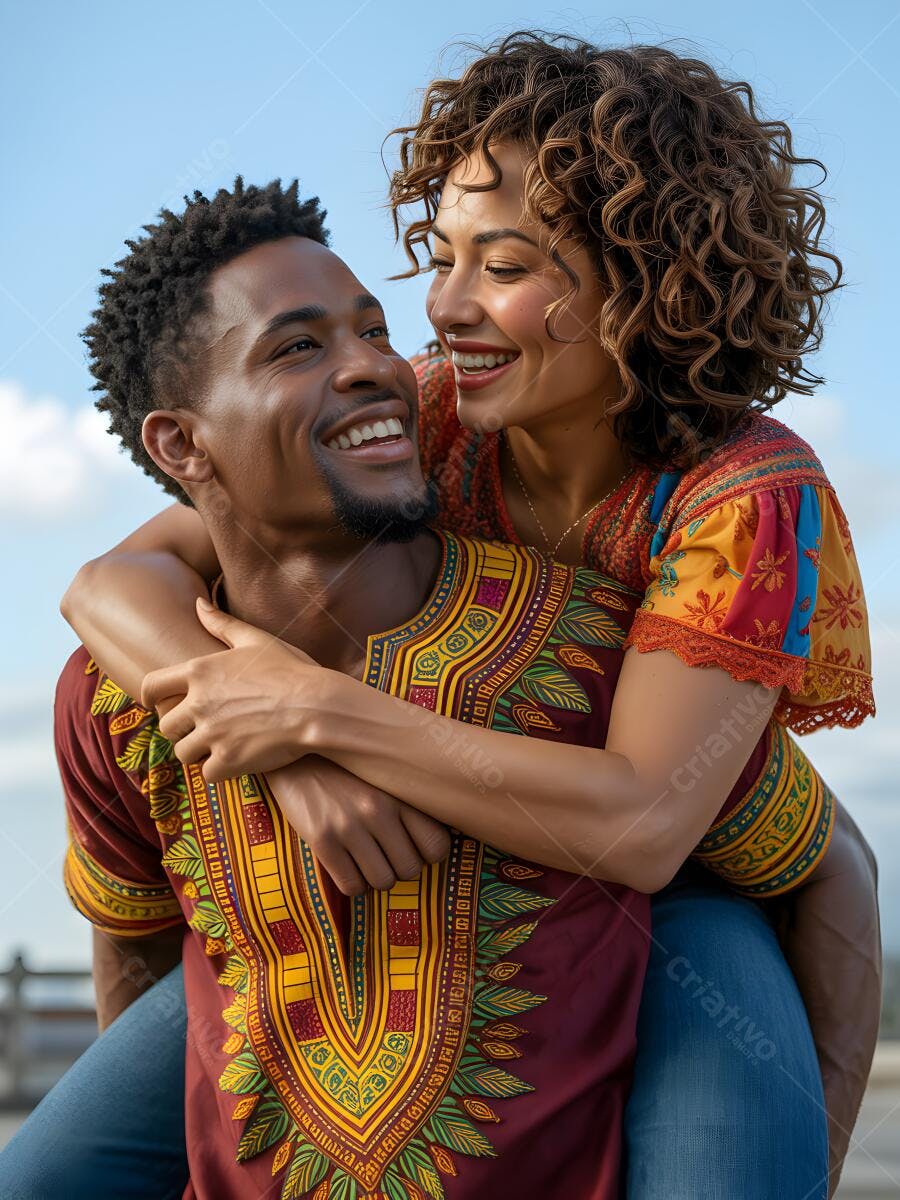 Casal afrodescendente feliz se abraçando ao ar livre