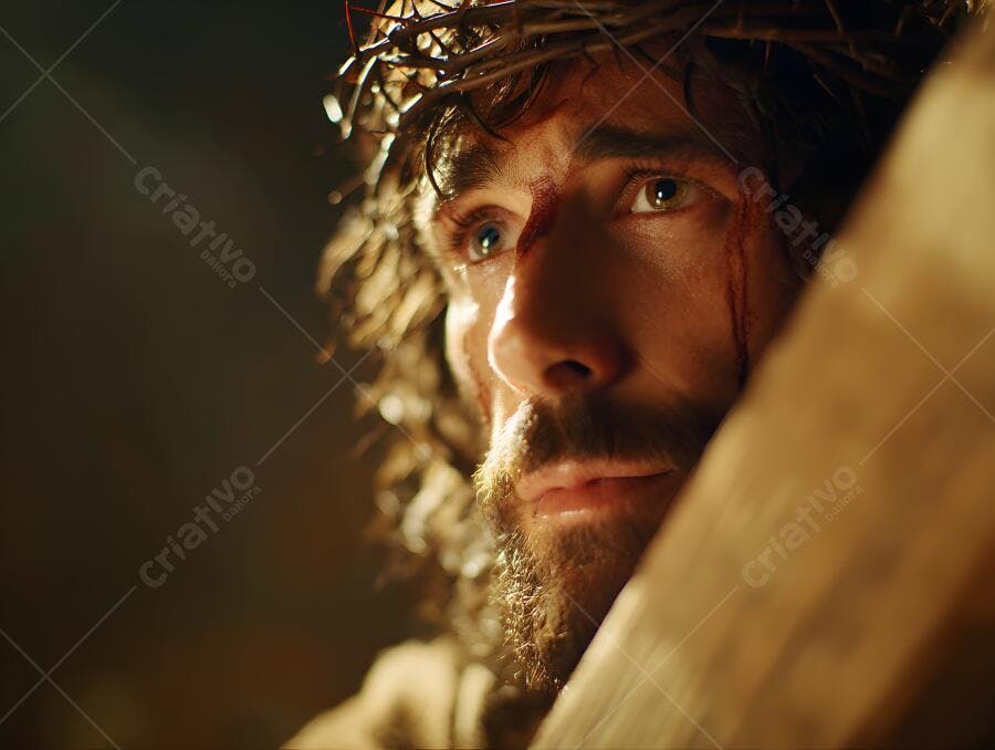 Jesus Cristo com coroa de espinhos e sangue