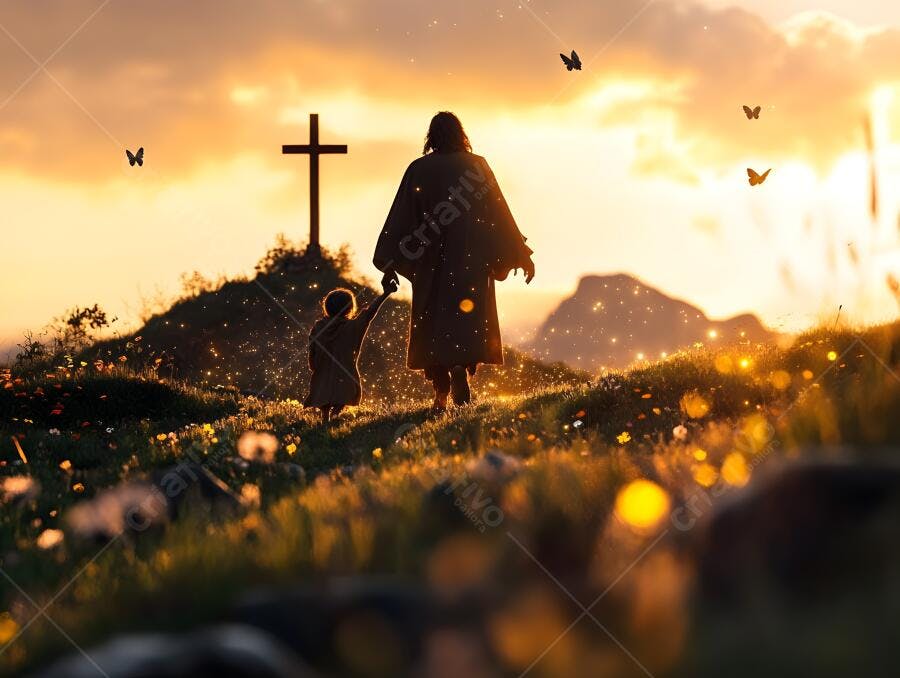 Jesus e criança caminhando ao pôr do sol