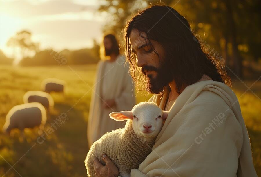 Jesus segurando cordeiro ao entardecer
