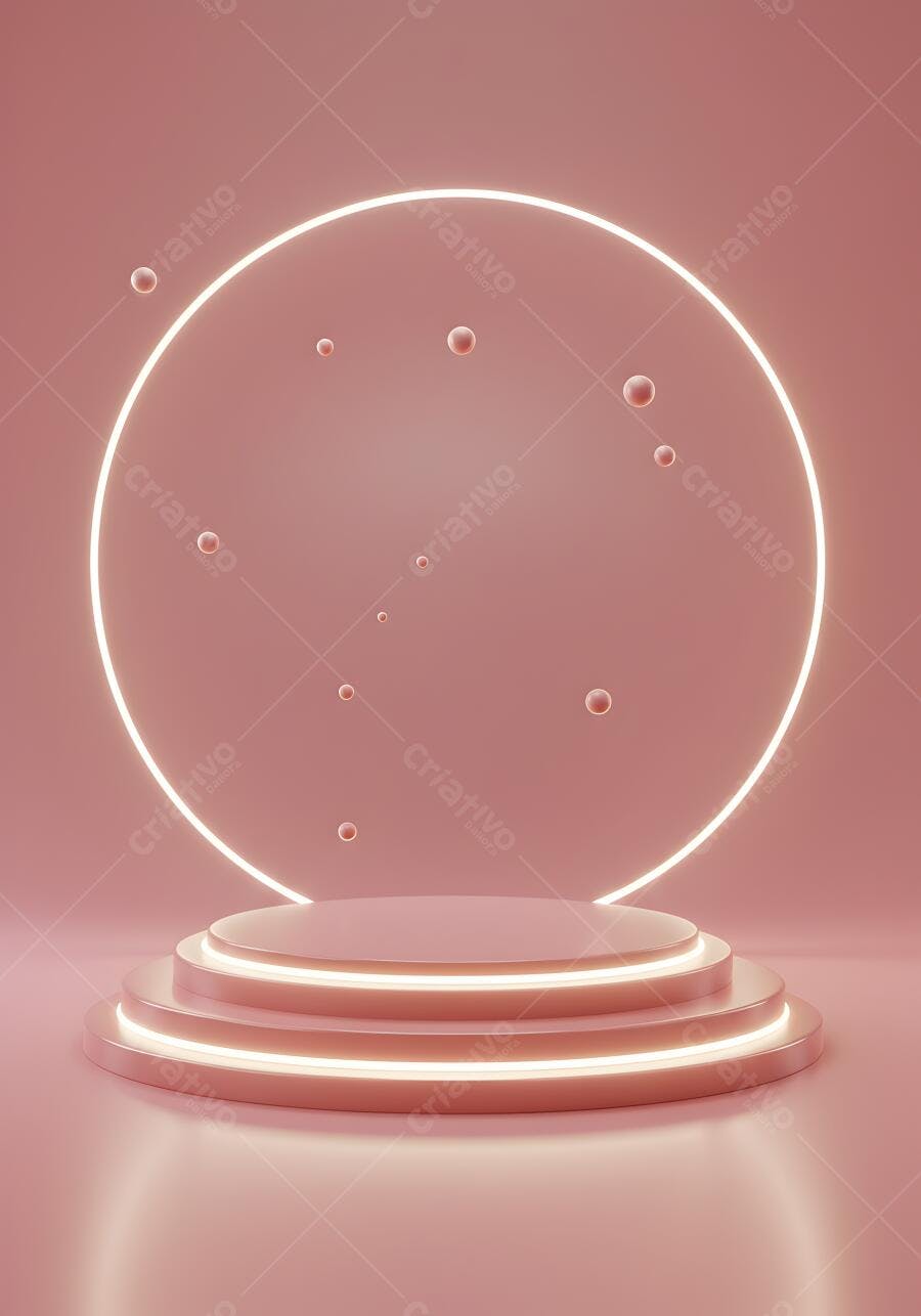 Plataforma em tons rosa com iluminação neon