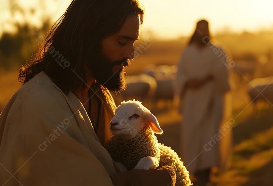 Jesus com cordeiro ao entardecer