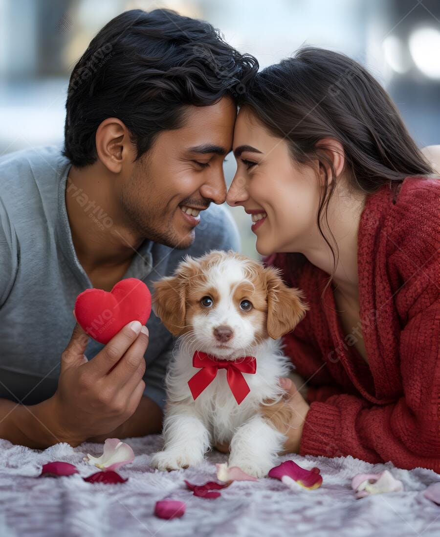 Casal apaixonado com cachorrinho no Dia dos Namorados