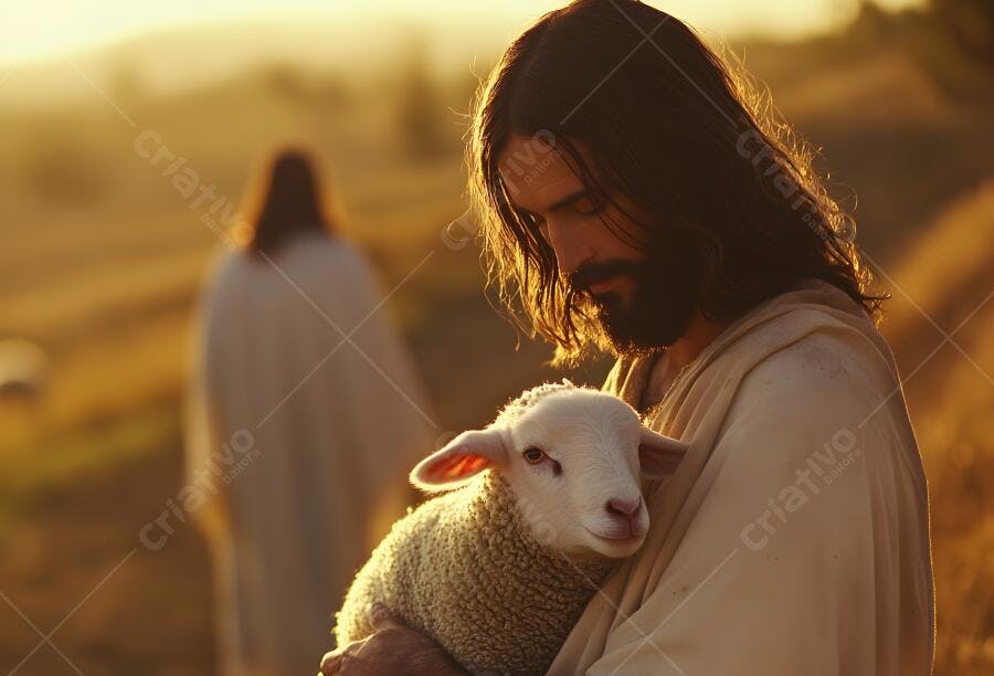 Jesus Cristo abraçando cordeiro ao entardecer