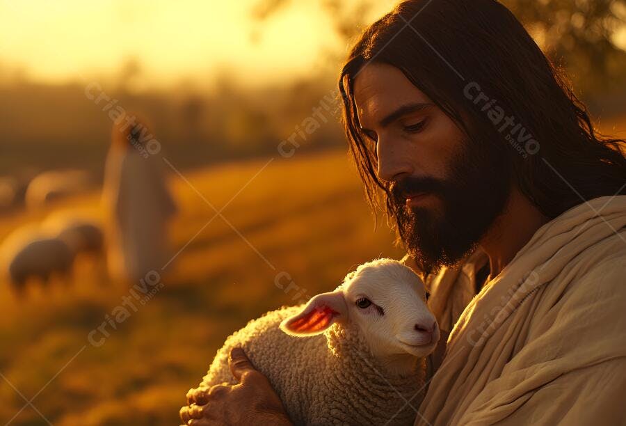 Jesus segurando cordeiro ao entardecer