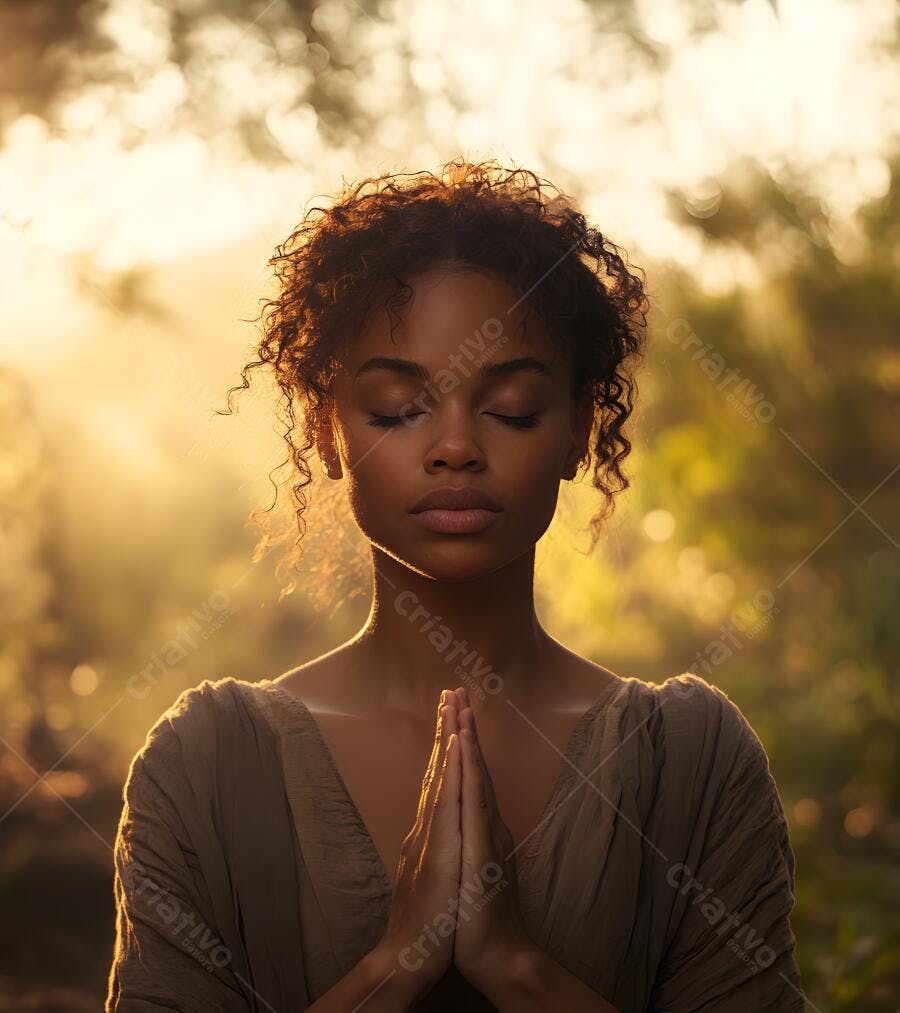 Mulher negra meditando ao pôr do sol