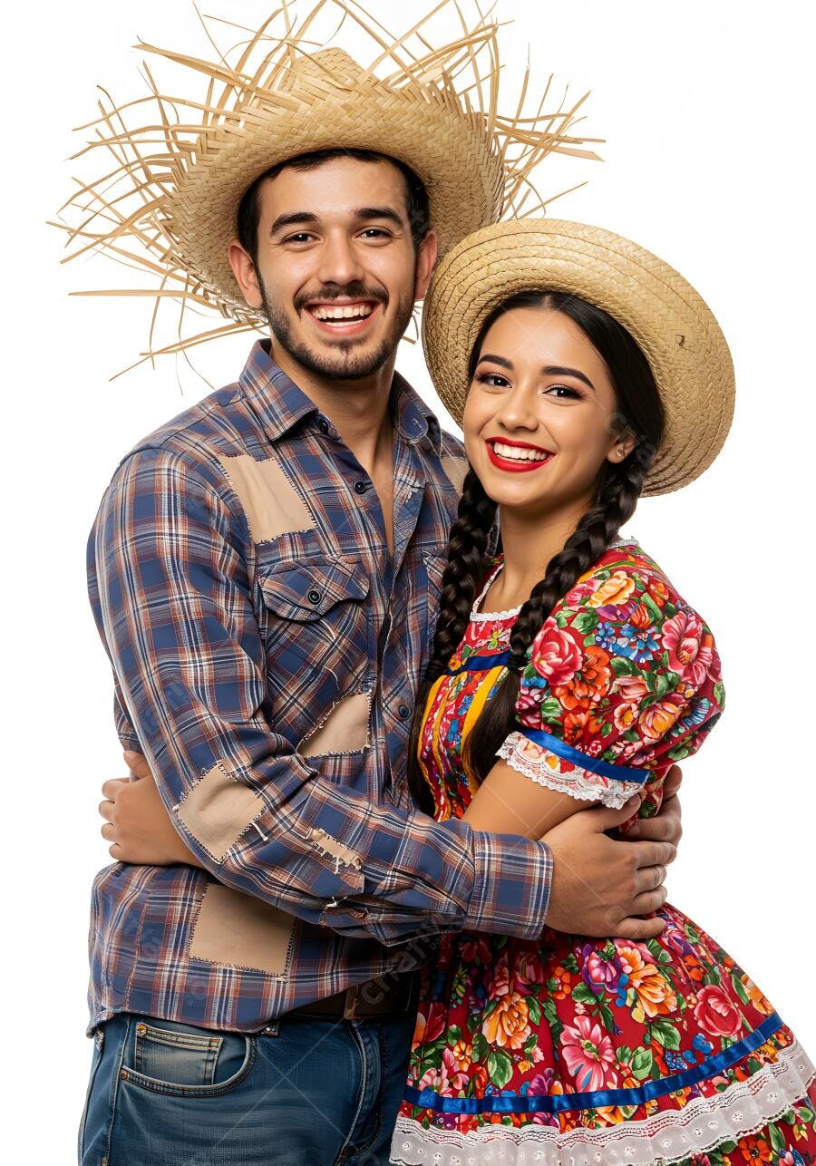 Casal jovem em trajes juninos sorrindo