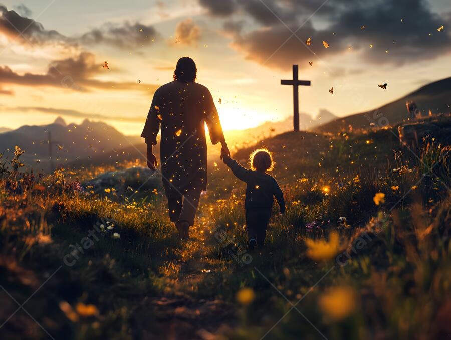 Pai e filho caminhando ao pôr do sol