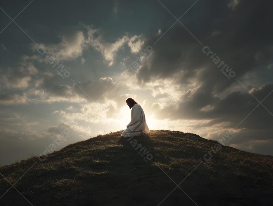 Jesus orando em colina ao pôr do sol