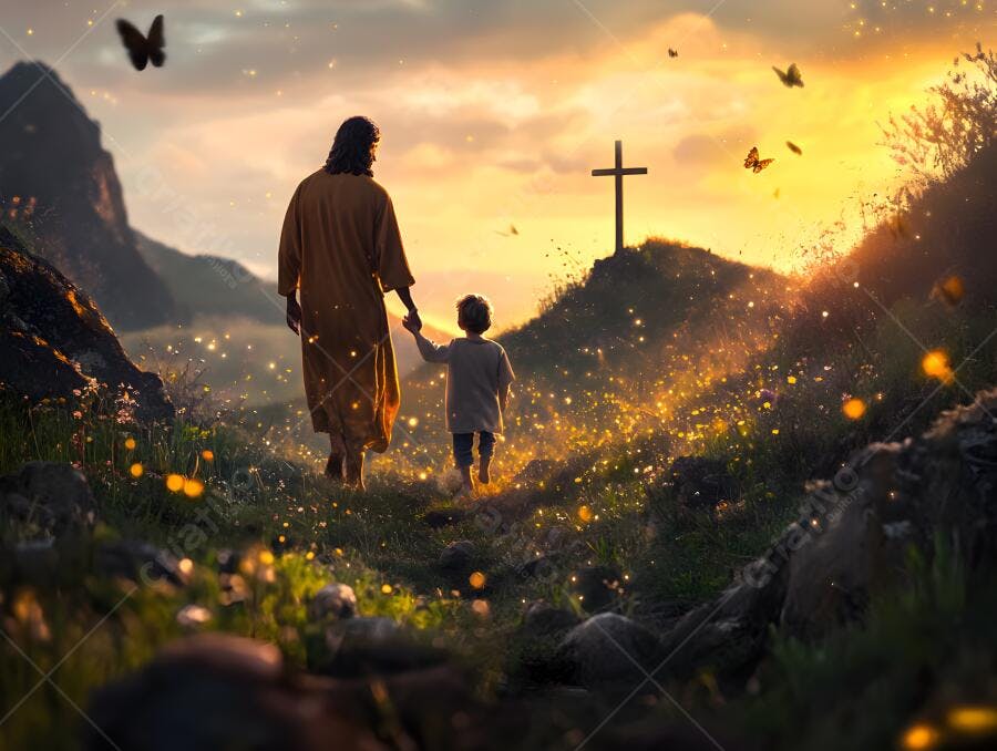Jesus e criança caminhando ao pôr do sol