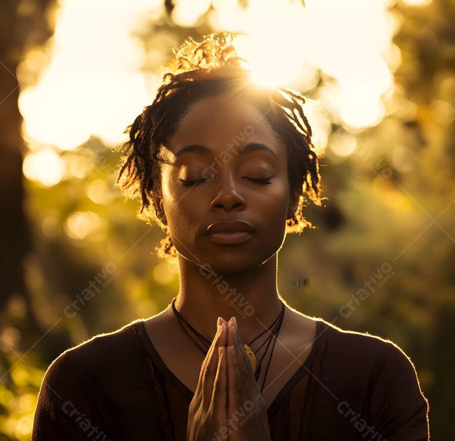 Mulher Afro meditando ao pôr do sol