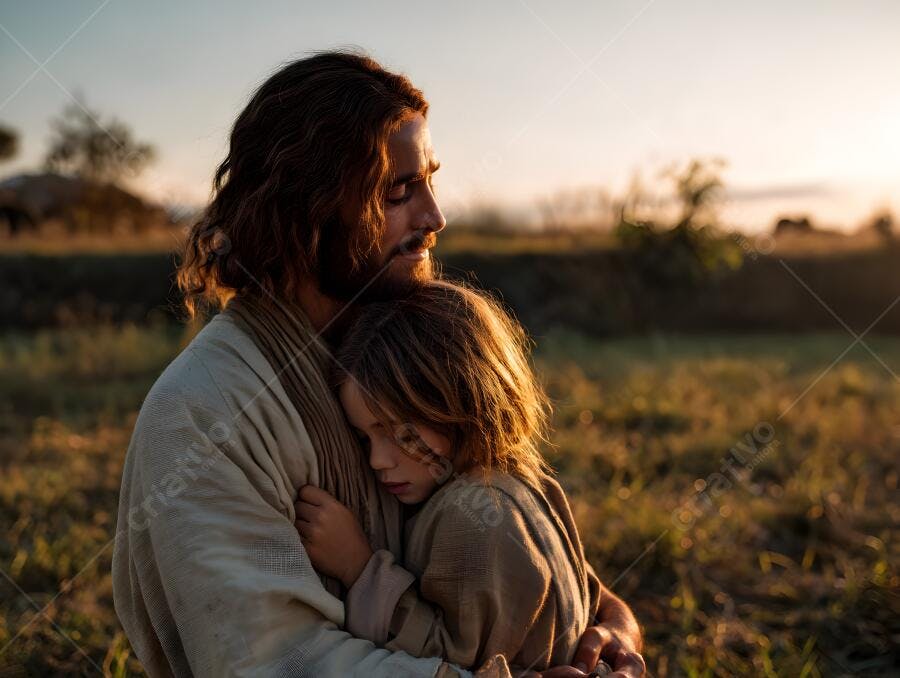 Jesus abraçando criança ao entardecer