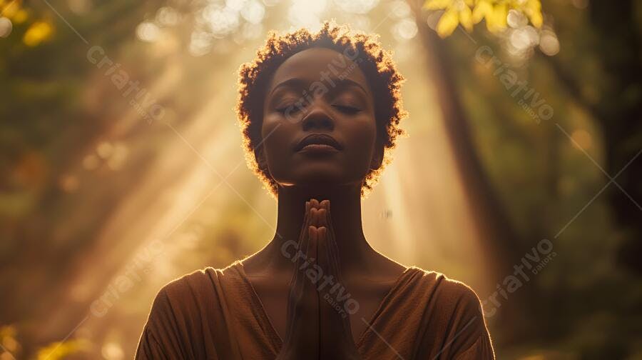 Mulher negra meditando floresta crepúsculo