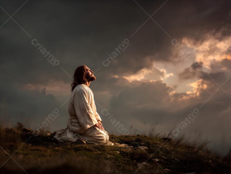 Jesus orando em montanha ao entardecer
