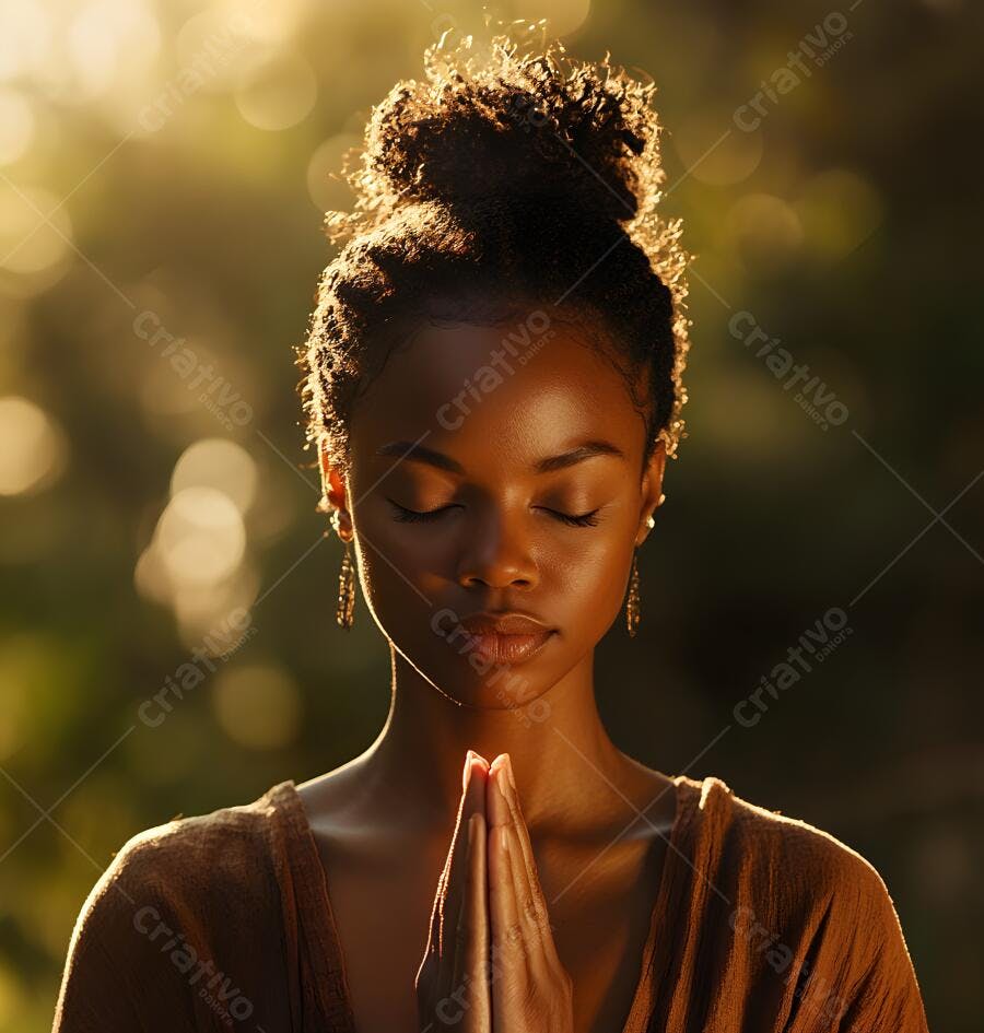 Mulher negra meditando ao pôr do sol