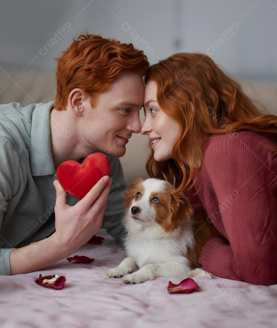 Casal ruivo apaixonado com cachorrinho no Dia dos Namorados