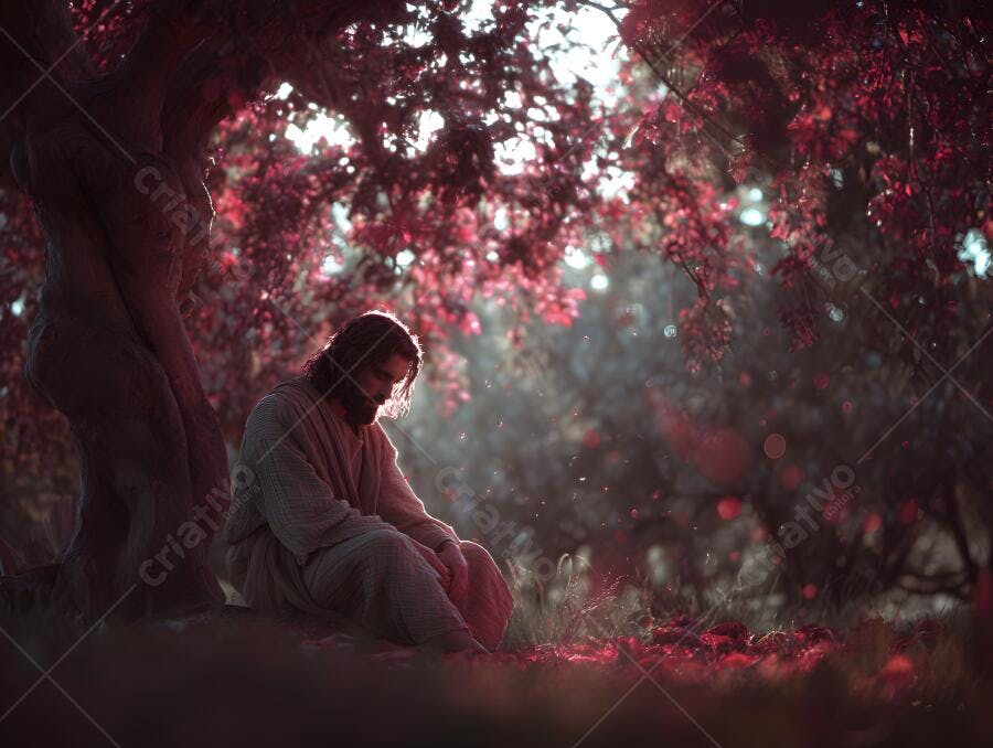 Jesus meditando sob árvore com folhas avermelhadas
