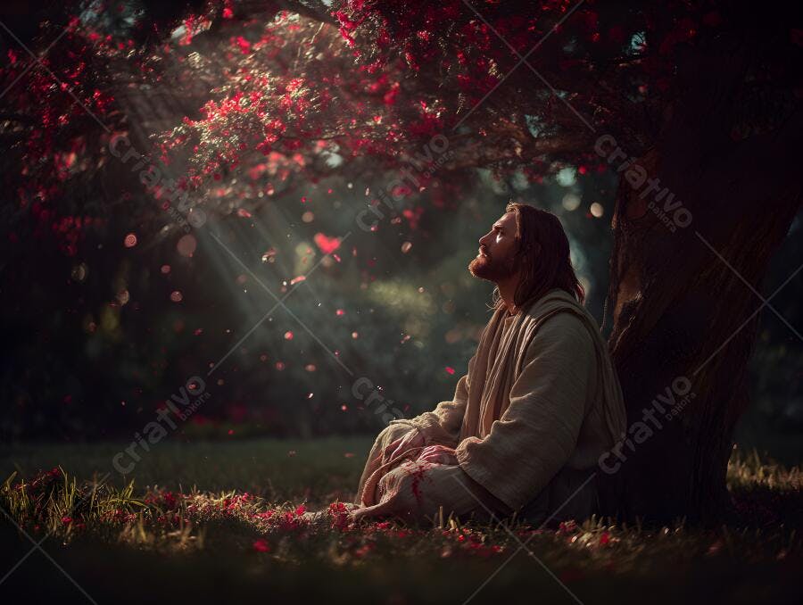Jesus meditando sob árvore florida