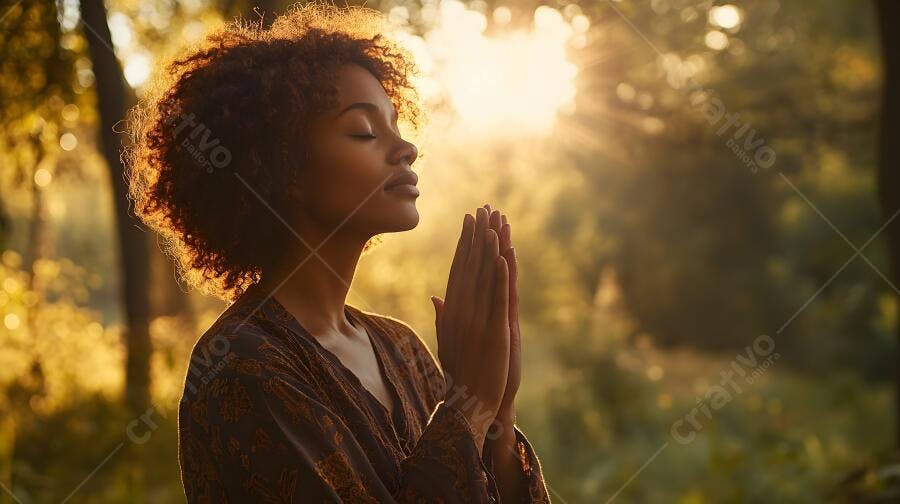 Mulher negra orando ao amanhecer