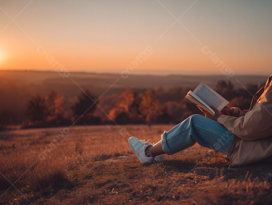 Mulher lendo livro ao pôr do sol