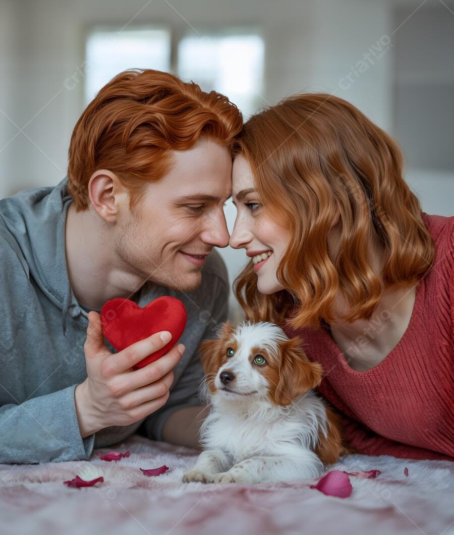 Casal ruivo com cachorrinho no Dia dos Namorados
