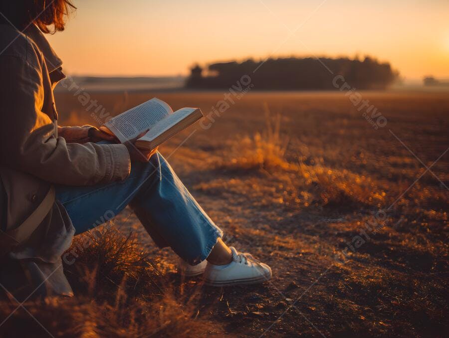Mulher lendo livro ao entardecer em campo