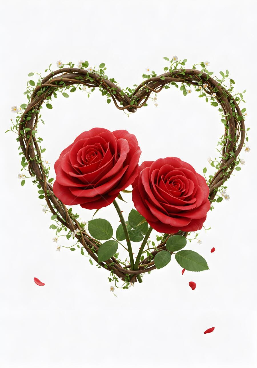 Duas rosas vermelhas em coração de cipó