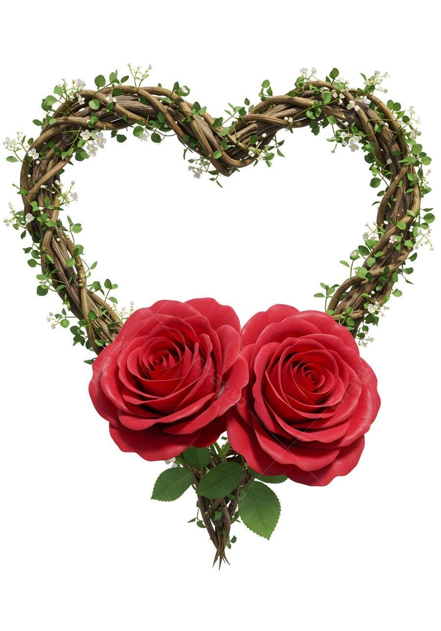 Coroa coração rosas vermelhas e videira
