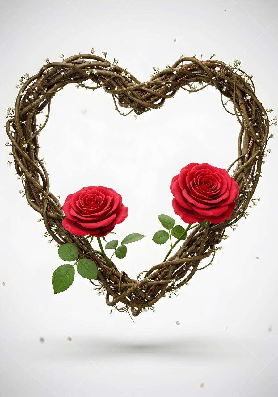 Coroa de coração com rosas vermelhas
