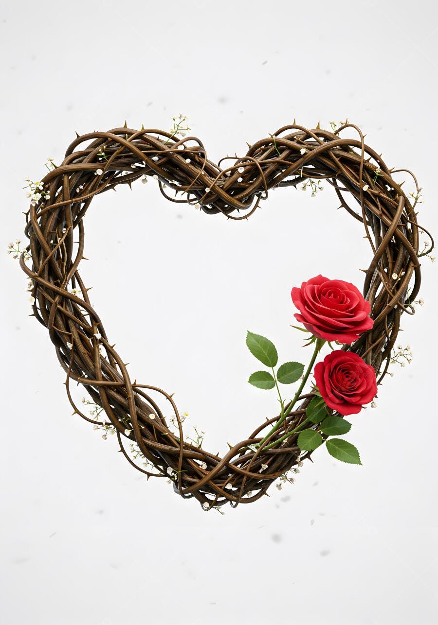 Coroa coração espinhos rosas vermelhas