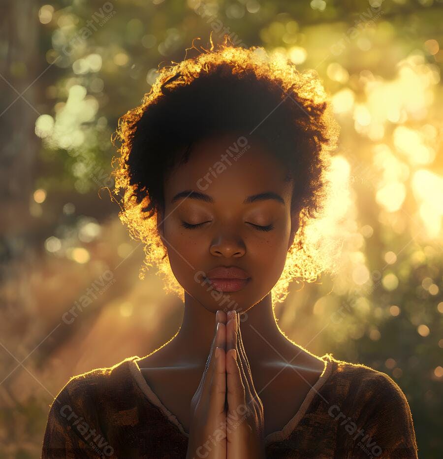 Mulher negra orando ao entardecer