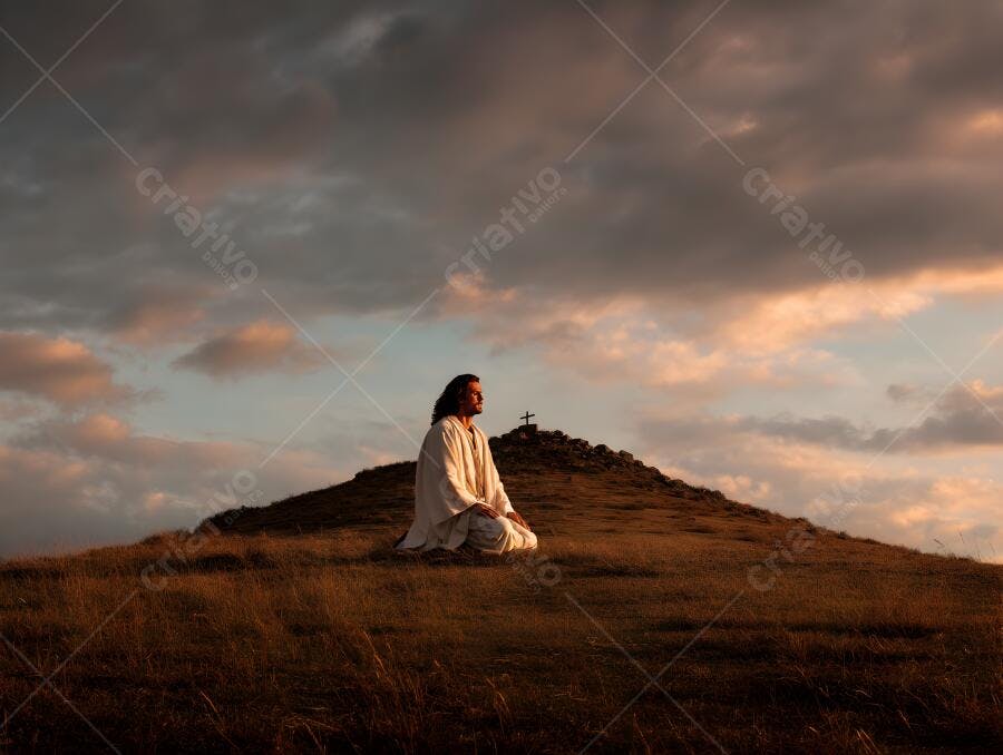 Jesus orando ao pôr do sol em colina
