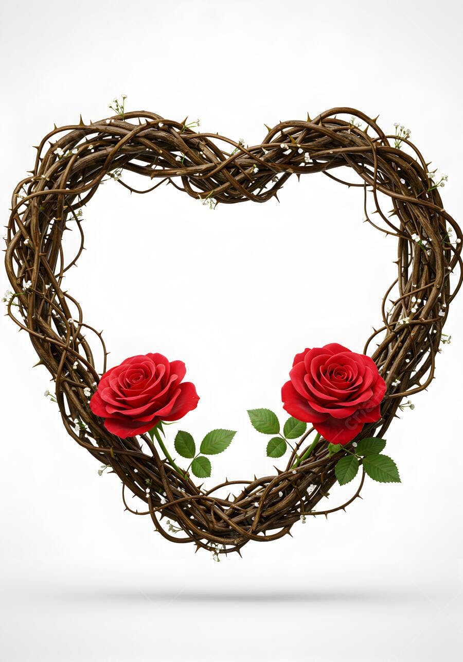 Coroa de espinhos em formato de coração com rosas vermelhas