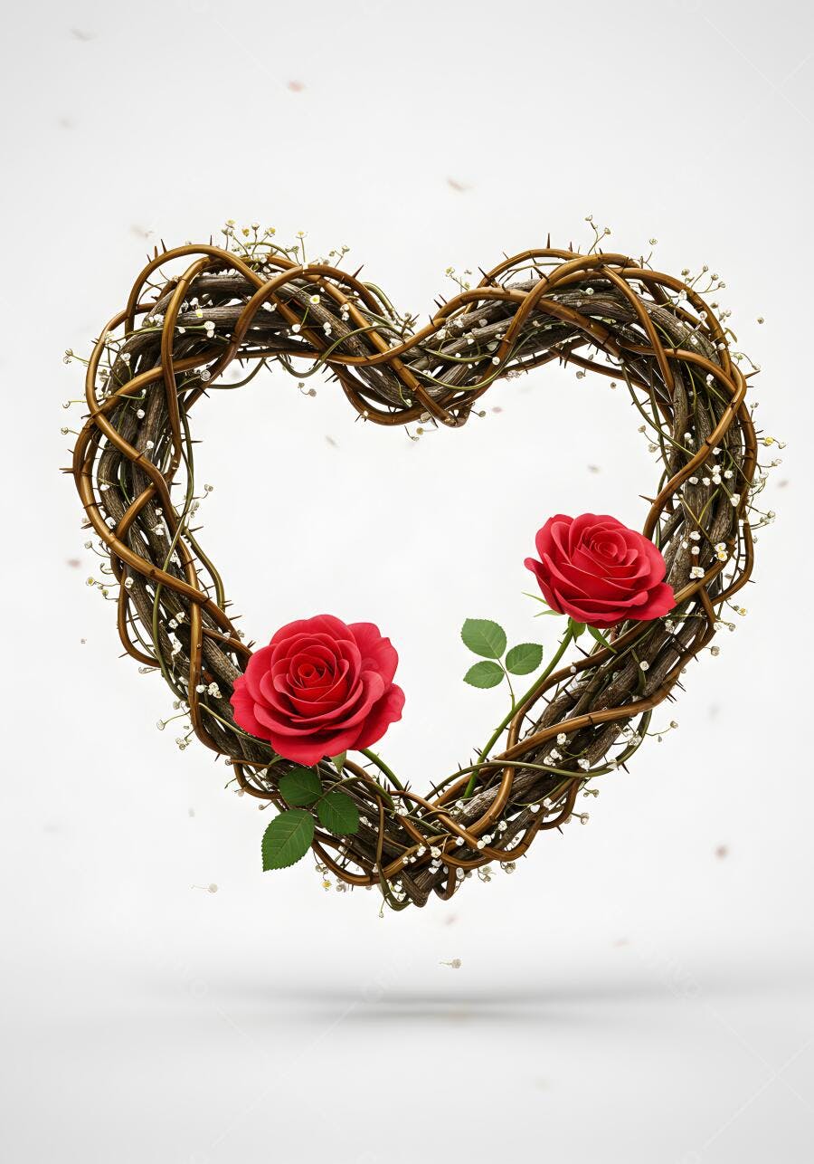 Coroa de espinhos em formato de coração com rosas vermelhas