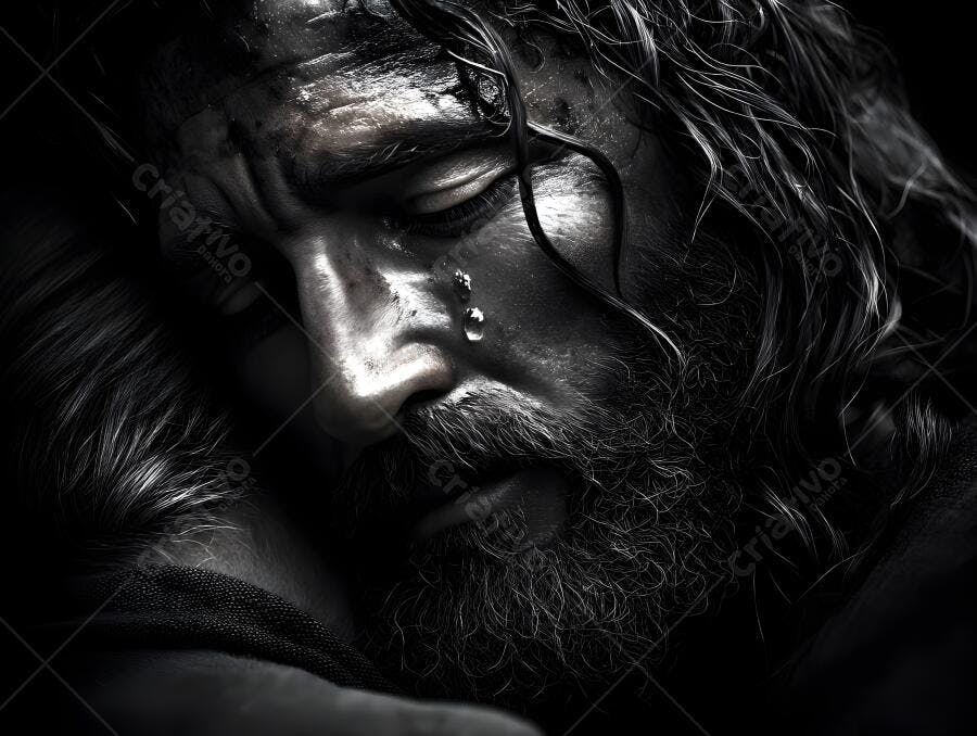 Homem barbudo chorando em foto preto e branco
