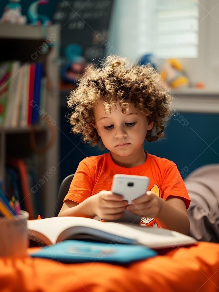 Criança usando celular em mesa de estudos