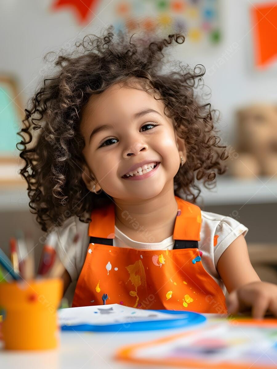 Criança feliz pintando com avental laranja
