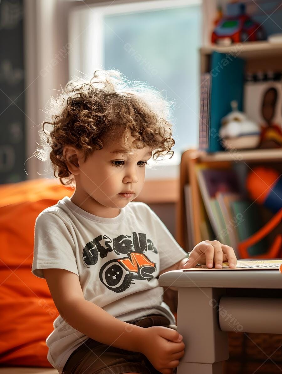 Criança loira brincando em seu quarto