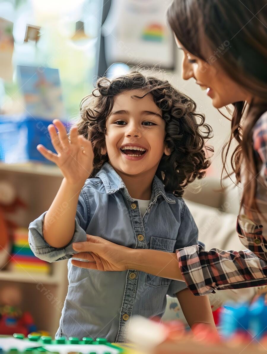 Criança feliz brincando com professora na escola