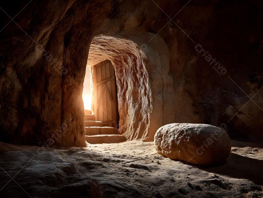 Túmulo de pedra com porta aberta e luz
