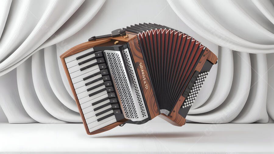 Acordeon marrom e prata sobre fundo branco