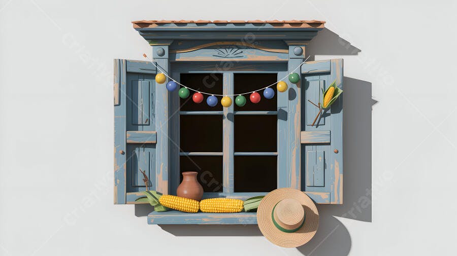 Janela rústica decorada com milho e chapéu