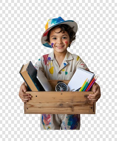 PNG image of a smiling child wearing paint-splattered clothes, holding a wooden crate with books, tablet, colored pencils, and compass. Completely transparent background ideal for social media posts.