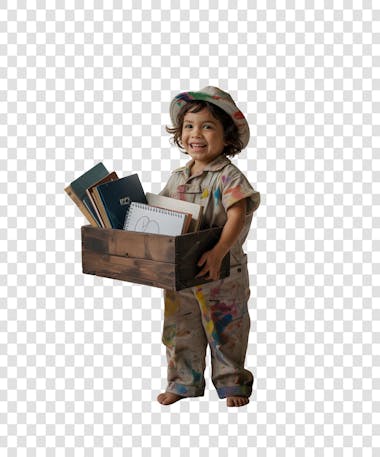 High-quality PNG image with a transparent background featuring a smiling Hispanic child in paint-splattered overalls holding a wooden crate filled with books and notebooks. Earthy and vibrant colors. Ideal for creative projects.