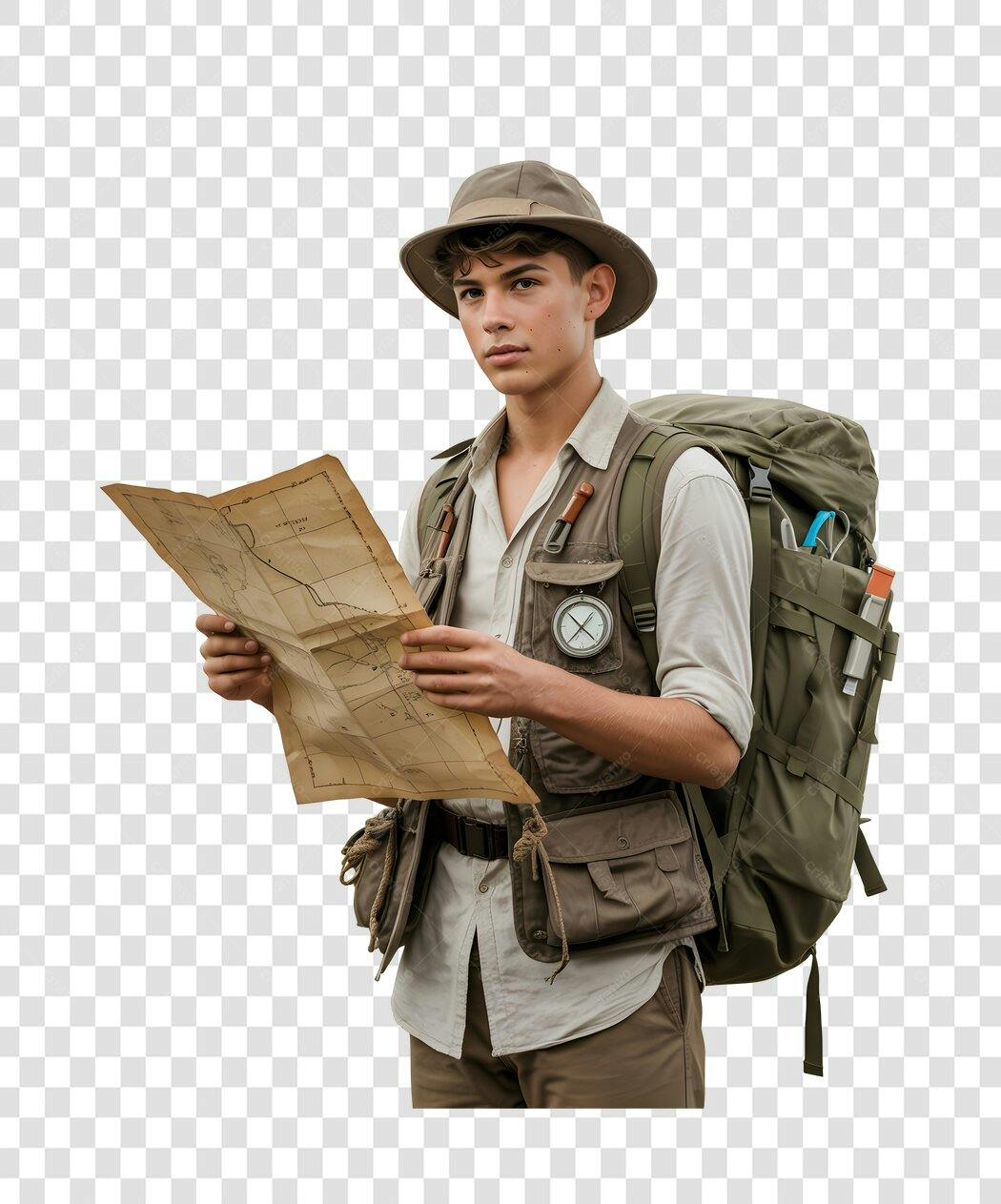 PNG Ilustração Mochileiro com Mapa e Mochila
