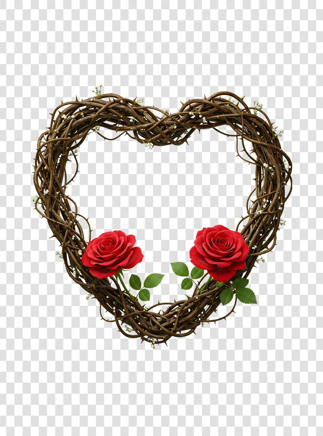Moldura PNG coração espinhos rosas vermelhas fundo transparente