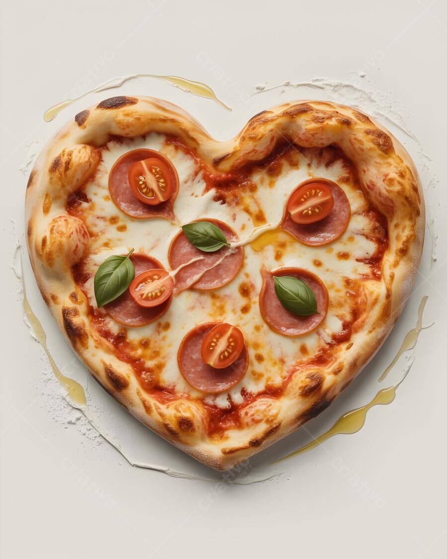 Pizza em formato de coração com pepperoni e tomate