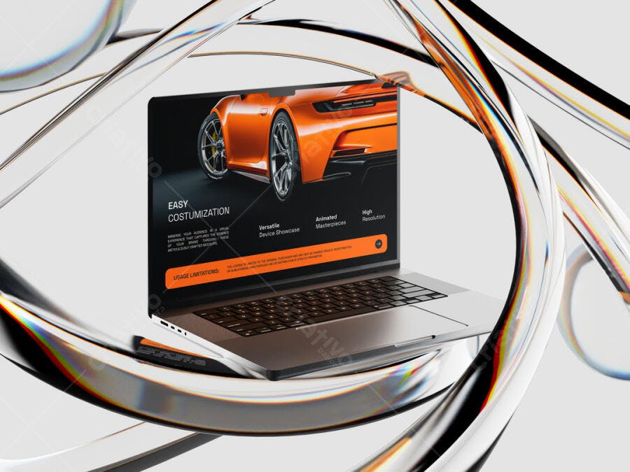 Mockup Notebook Moderno com Carro Esportivo Laranja