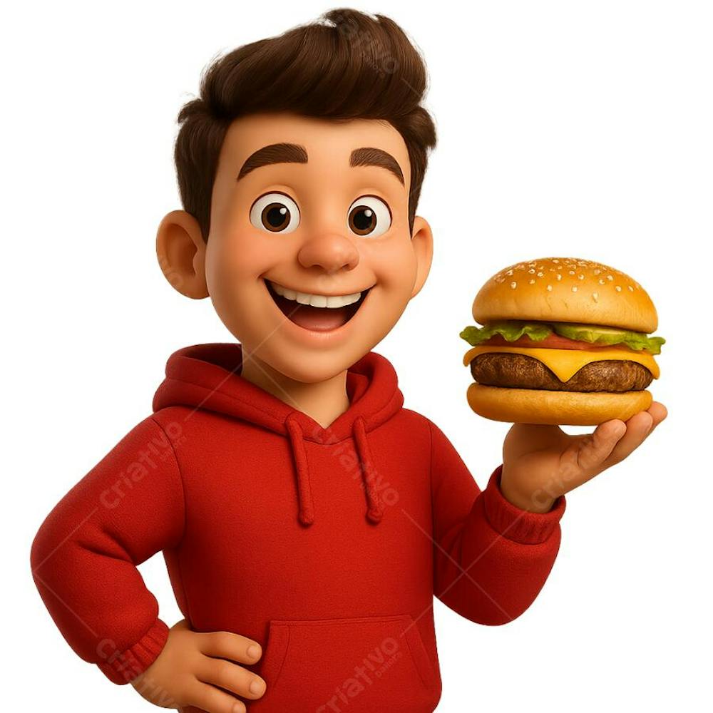 Homem segurando um Hambúrguer Sorridente Cartoon IA